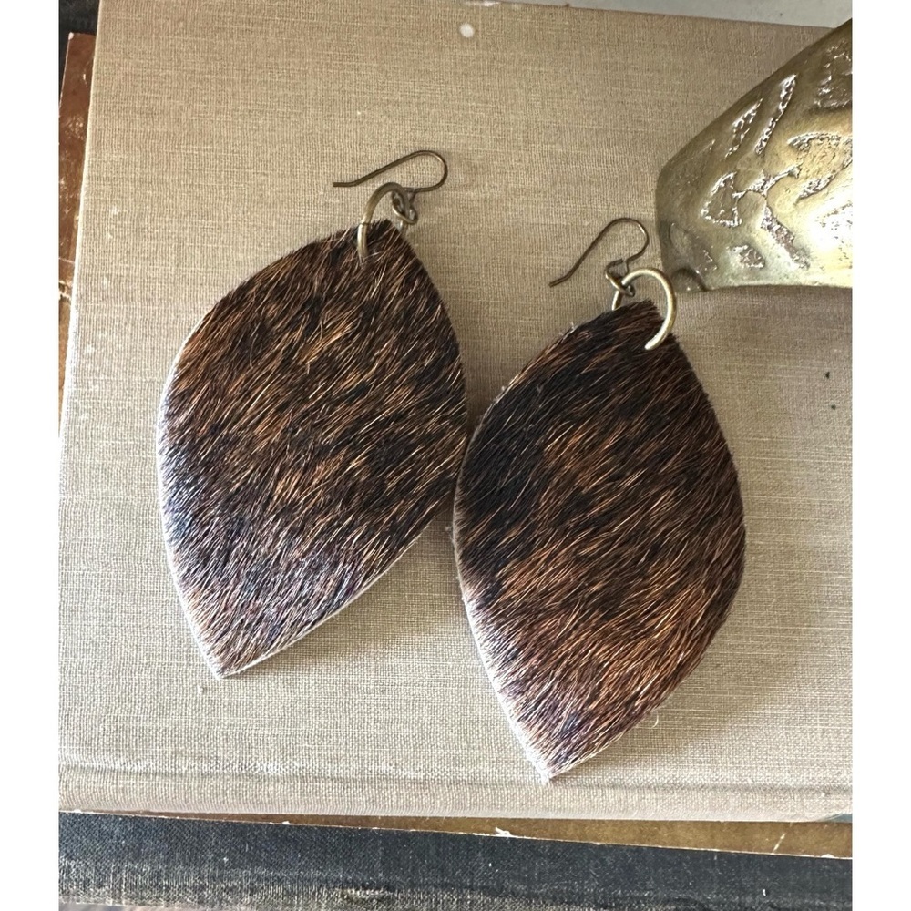 Brown Hair on Hide Leather Earrings